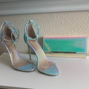 Aldo Iridescent Strappy Heels with Matching Clutch